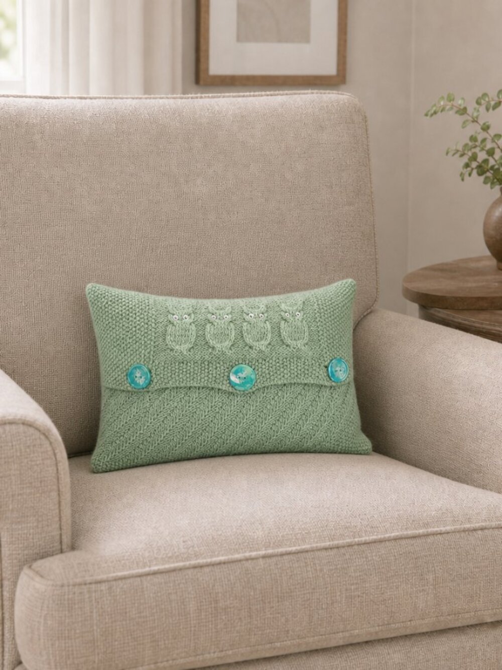 Hand Crafted Pillow Knit Sage Green Owl Googly Eye Hand Painted Button H…